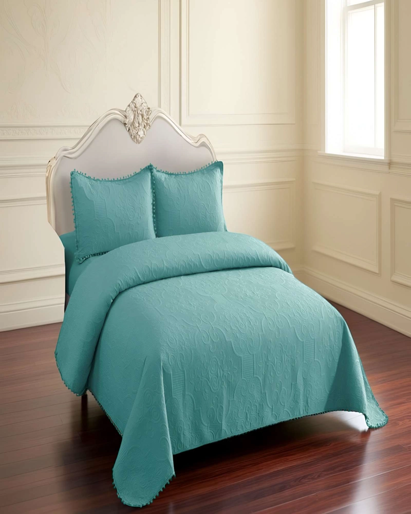 CUBRECAMA DE VERANO QUILT  KING CON POMPON COLOR TURQUESA - 4