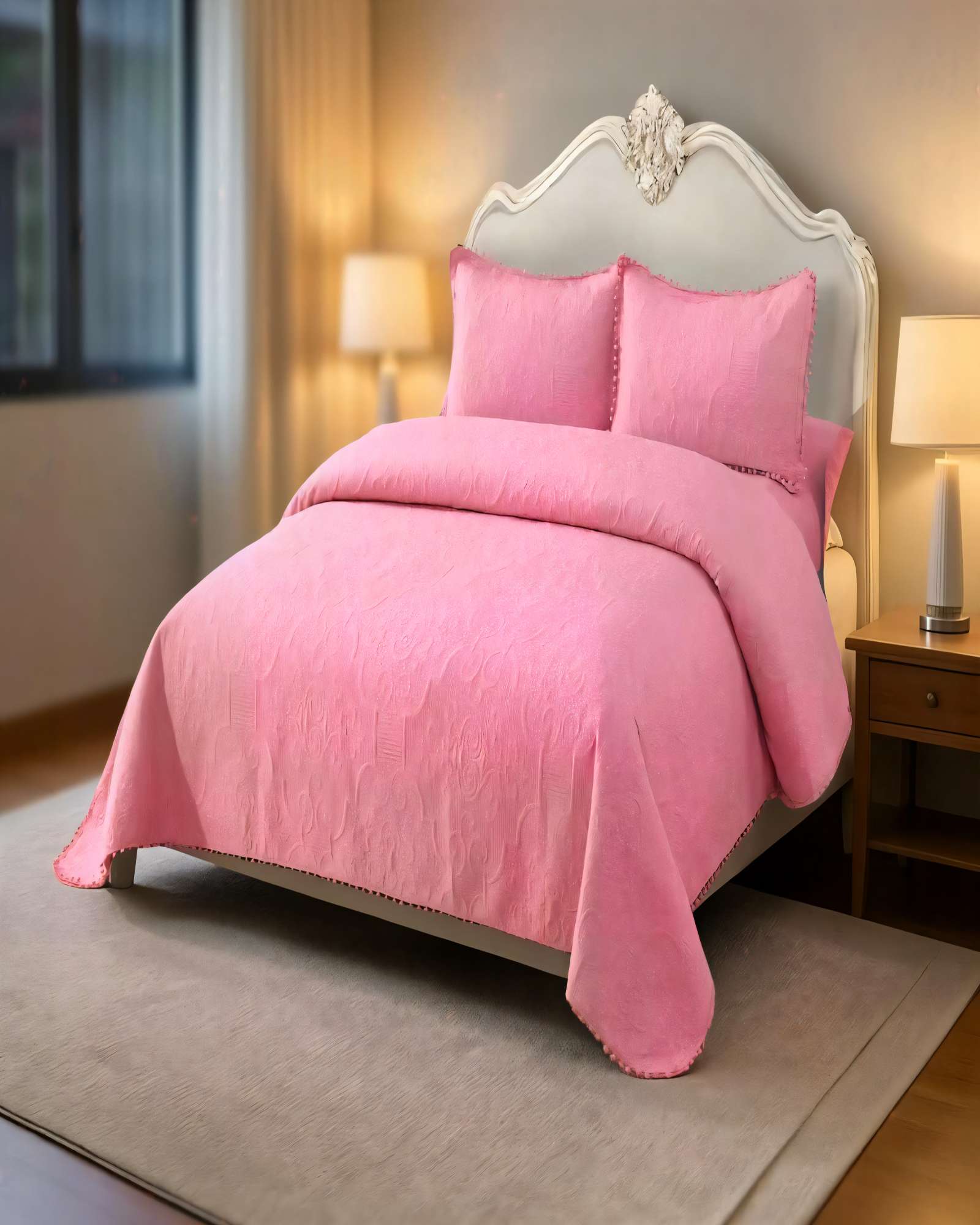 CUBRECAMA DE VERANO QUILT  1,5 PLAZAS CON POMPON COLOR ROSADO - 4