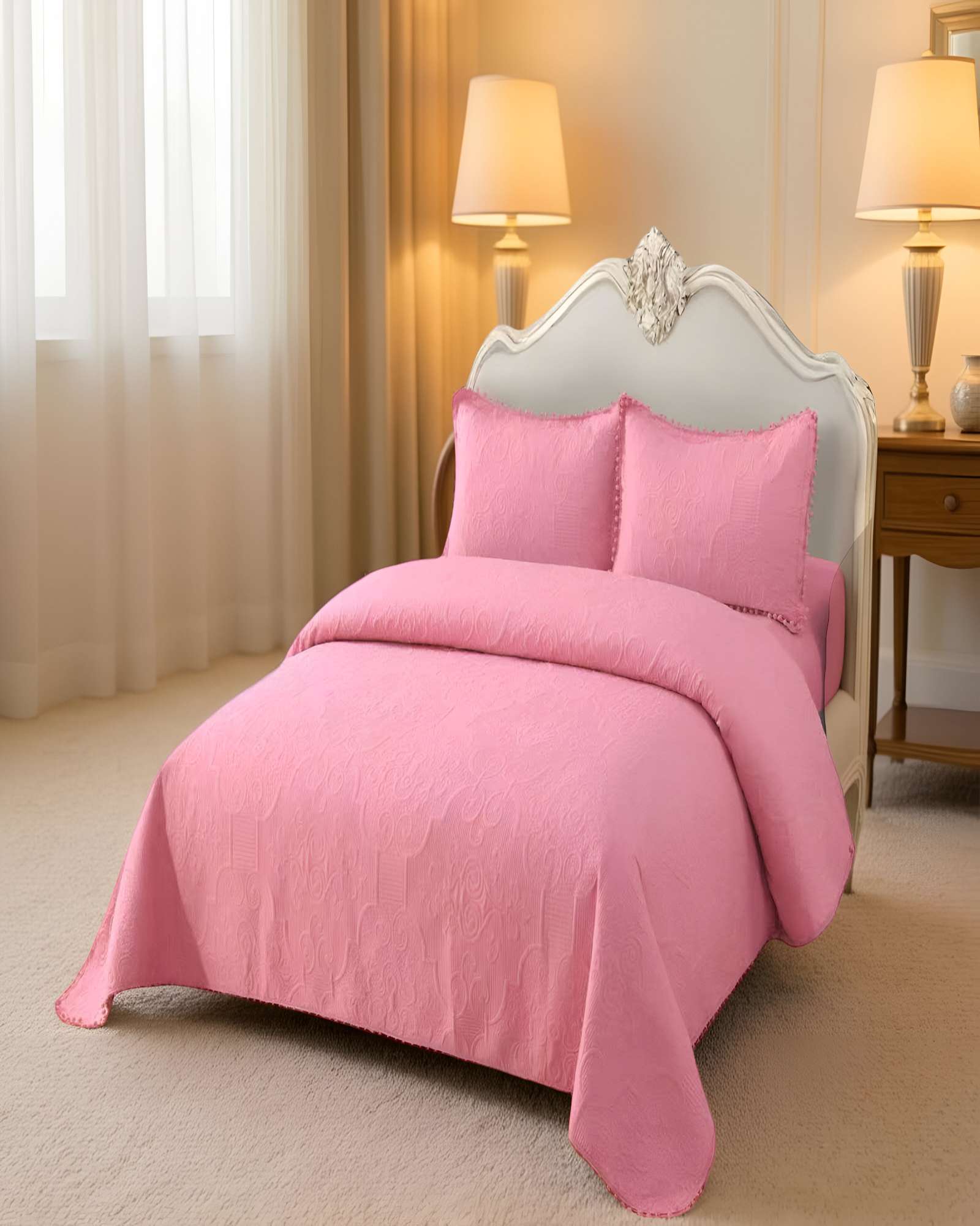 CUBRECAMA DE VERANO QUILT  KING CON POMPON COLOR ROSADO - 3