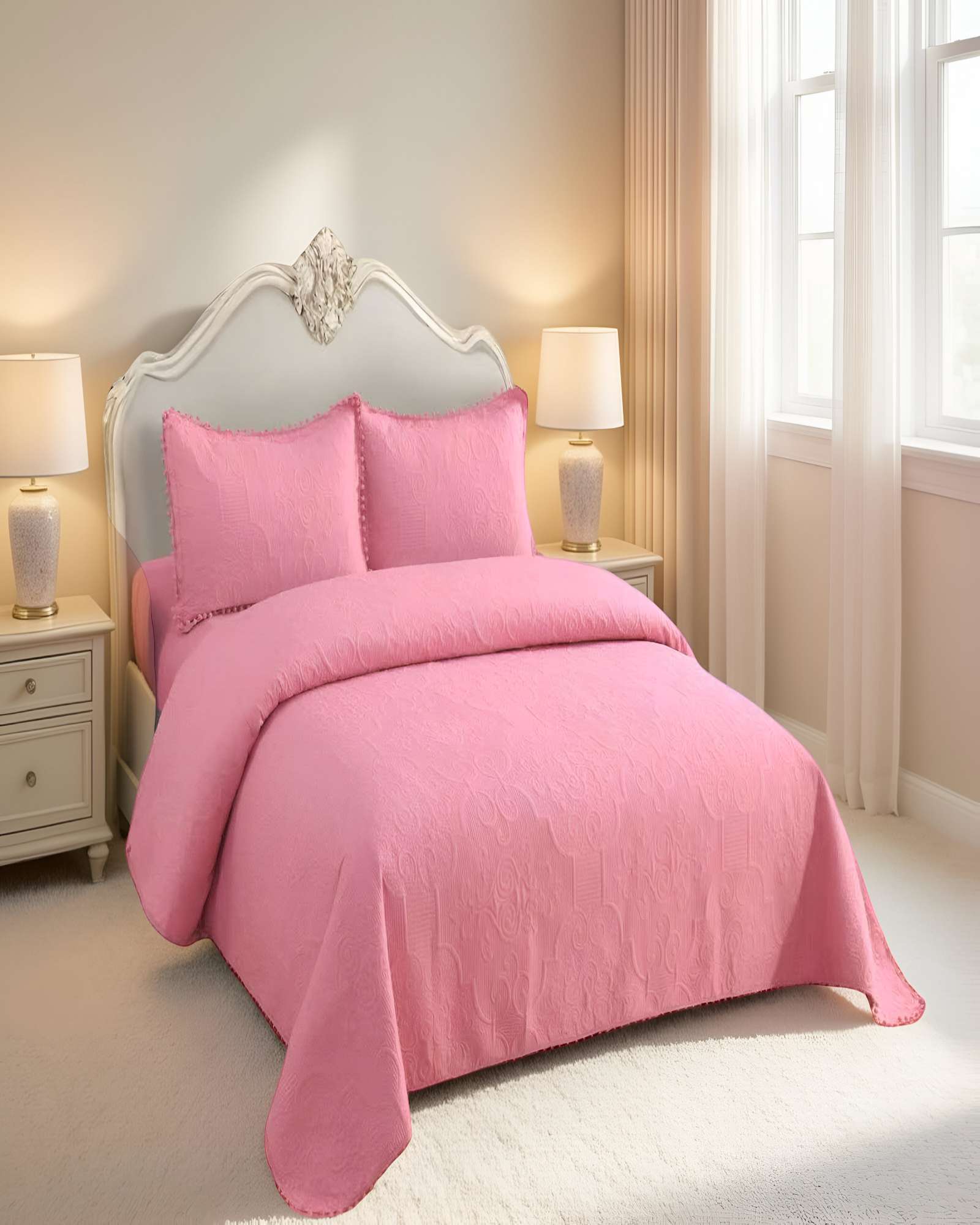 CUBRECAMA DE VERANO QUILT  KING CON POMPON COLOR ROSADO - 4