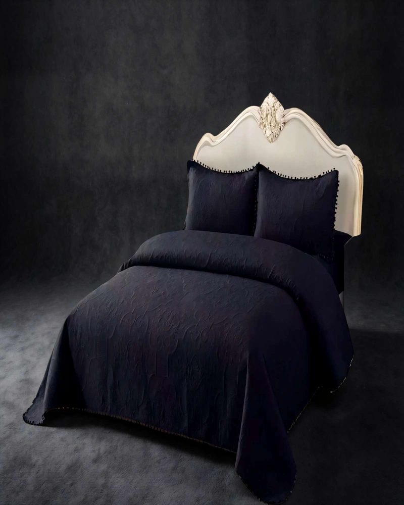 CUBRECAMA DE VERANO QUILT  1,5 PLAZAS CON POMPON COLOR NEGRO - 3