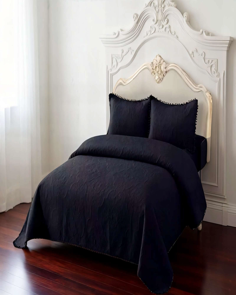 CUBRECAMA DE VERANO QUILT  1,5 PLAZAS CON POMPON COLOR NEGRO - 4