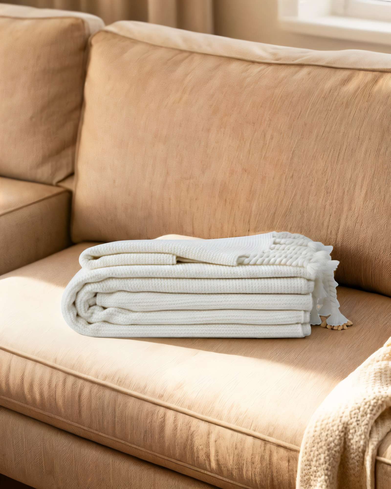 MANTA DECORATIVA CON FLECOS DE SOGA TRENZADOS CHENILLE COLOR BLANCO - 4