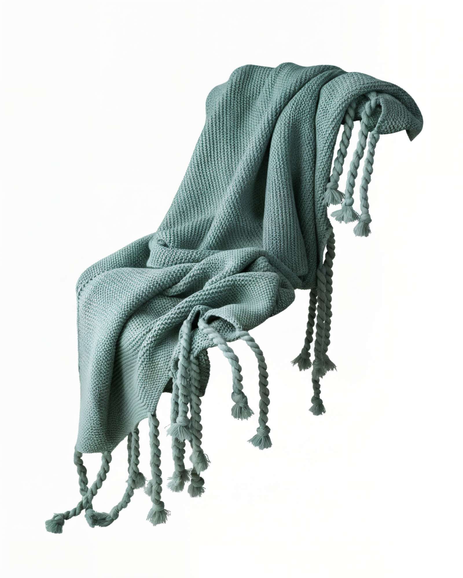 MANTA DECORATIVA CON FLECOS DE SOGA TRENZADOS CHENILLE COLOR VERDE - 1