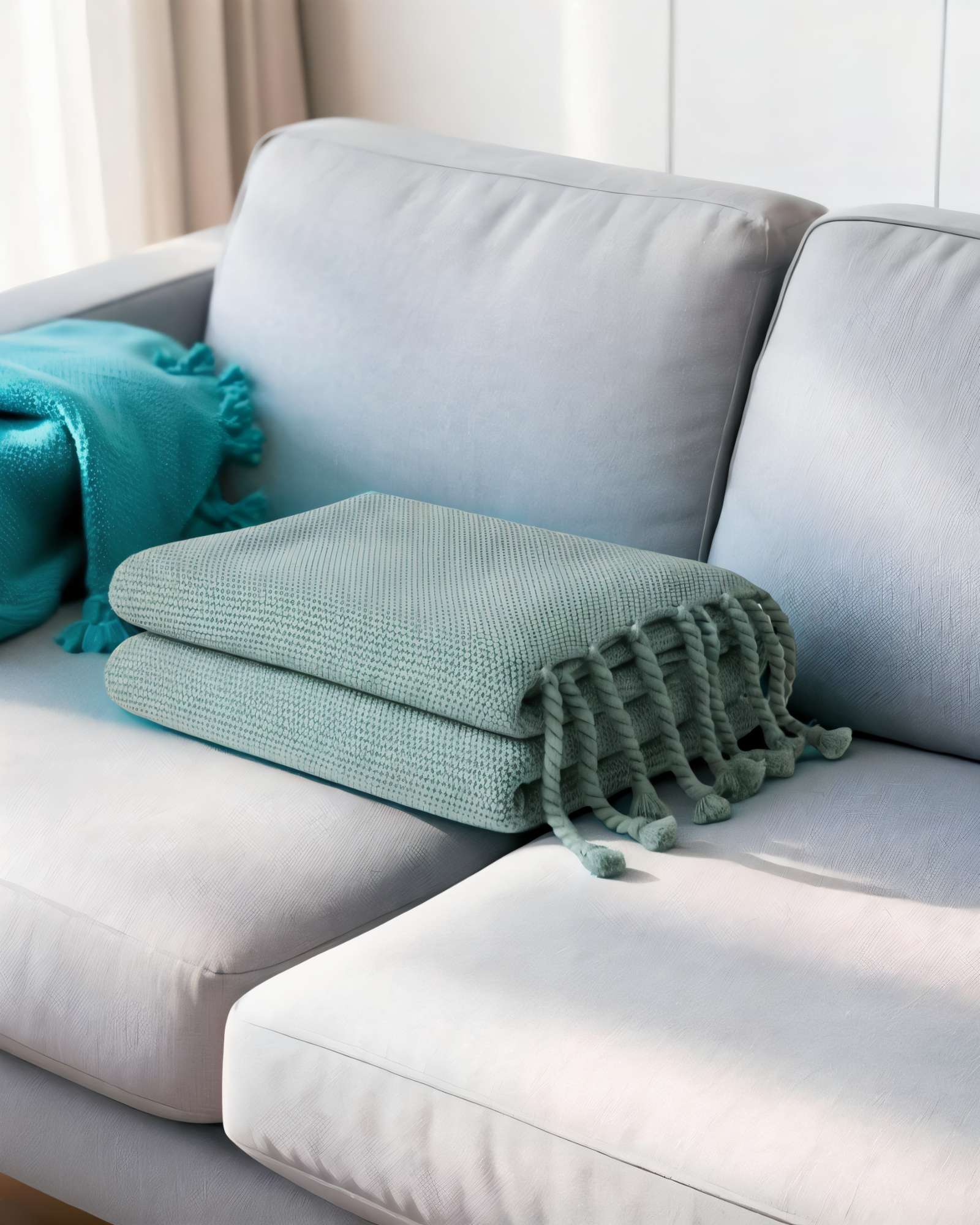MANTA DECORATIVA CON FLECOS DE SOGA TRENZADOS CHENILLE COLOR VERDE - 4