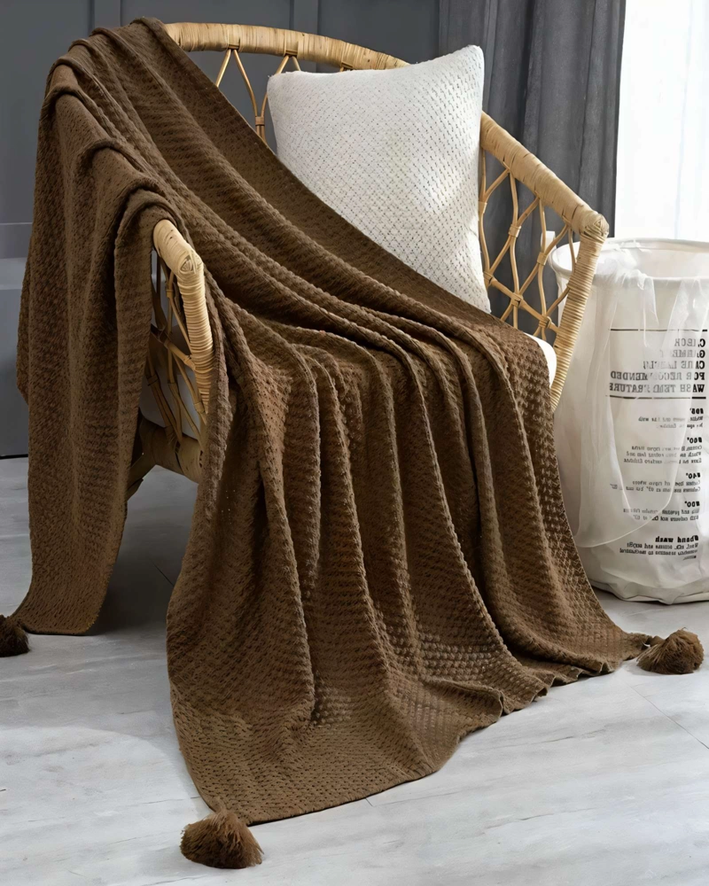 MANTA DECORATIVA DE SOFA CON FLECOS DE SOGA 130CMX180CM  COLOR MARRON - 3
