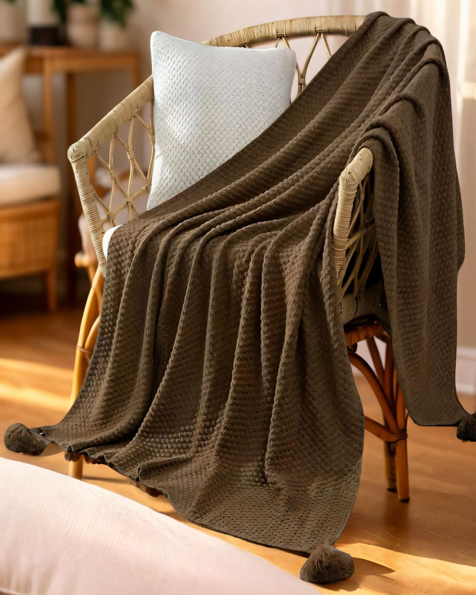 MANTA DECORATIVA DE SOFA CON FLECOS DE SOGA 130CMX180CM  COLOR MARRON - 4