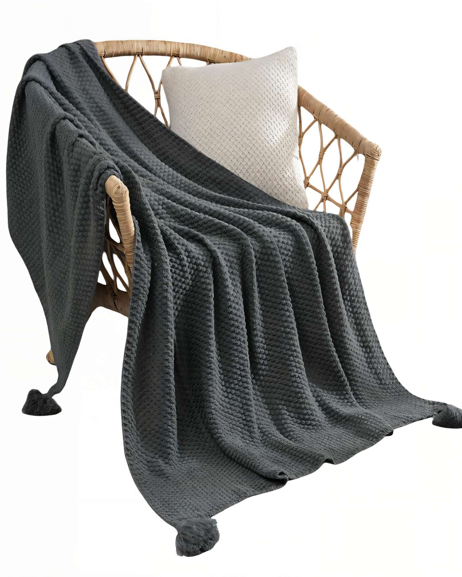 MANTA DECORATIVA DE SOFA CON FLECOS DE SOGA 130CMX180CM  COLOR GRIS - 1