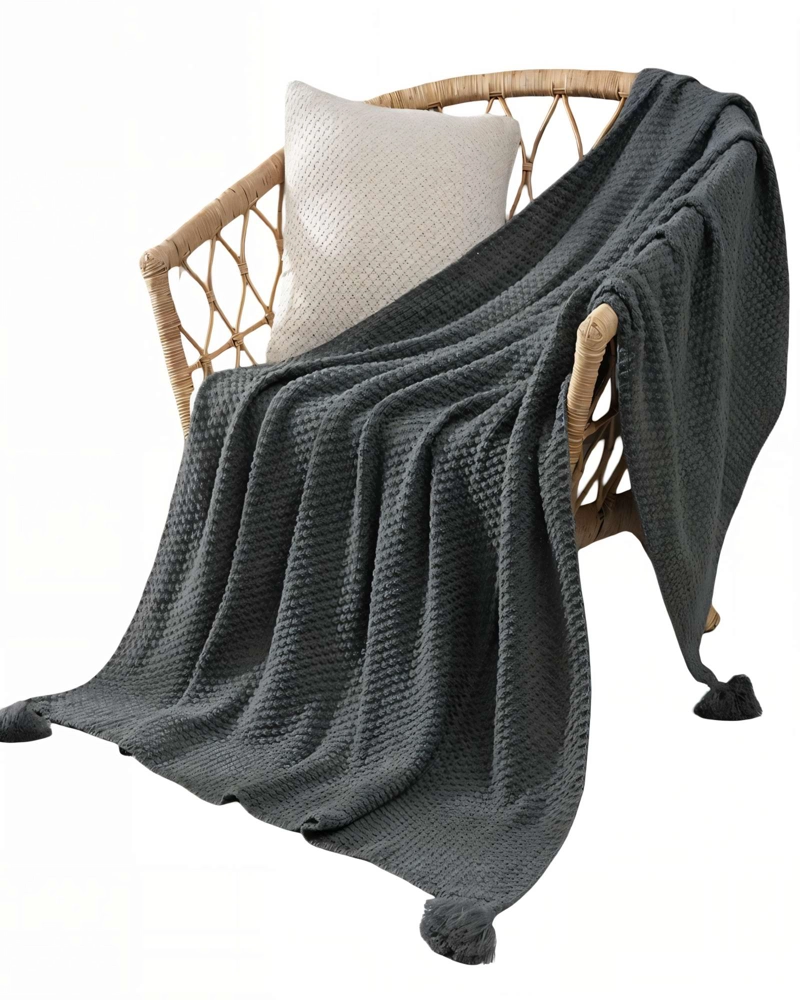 MANTA DECORATIVA DE SOFA CON FLECOS DE SOGA 130CMX180CM  COLOR GRIS - 2