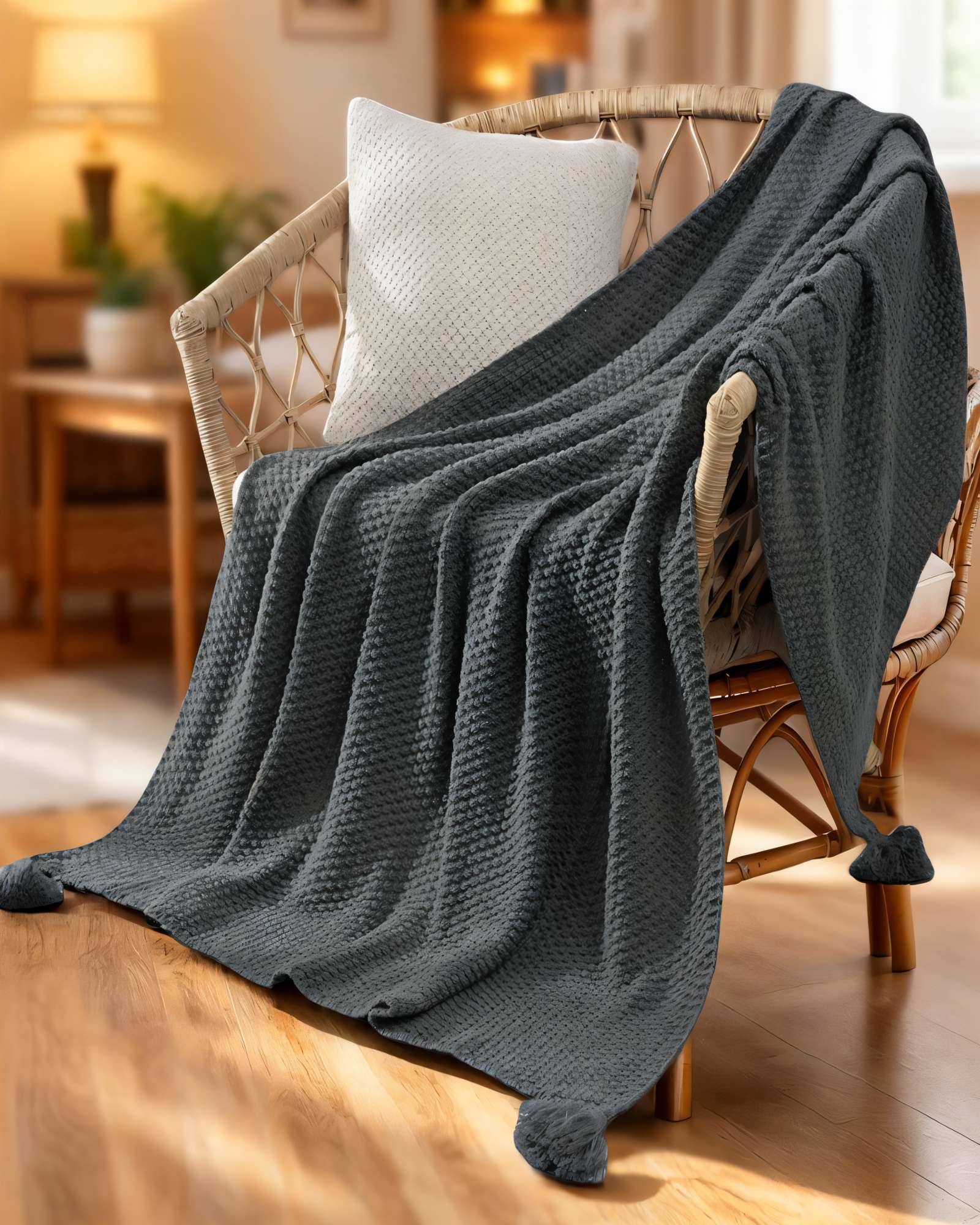 MANTA DECORATIVA DE SOFA CON FLECOS DE SOGA 130CMX180CM  COLOR GRIS - 4