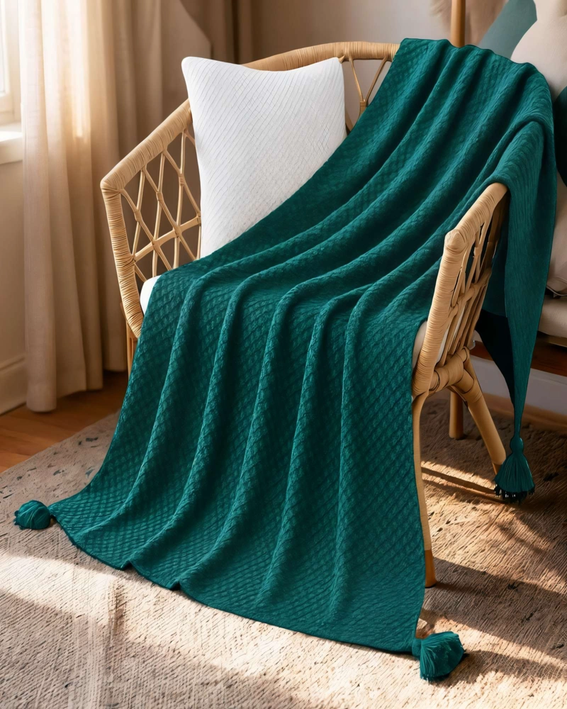MANTA DECORATIVA DE SOFA CON FLECOS DE SOGA 130CMX180CM  COLOR TURQUESA - 4