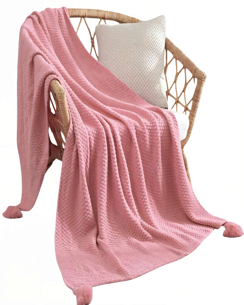 MANTA DECORATIVA DE SOFA CON FLECOS DE SOGA 130CMX180CM  COLOR ROSADO - 1