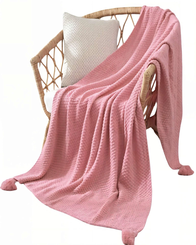 MANTA DECORATIVA DE SOFA CON FLECOS DE SOGA 130CMX180CM  COLOR ROSADO - 2