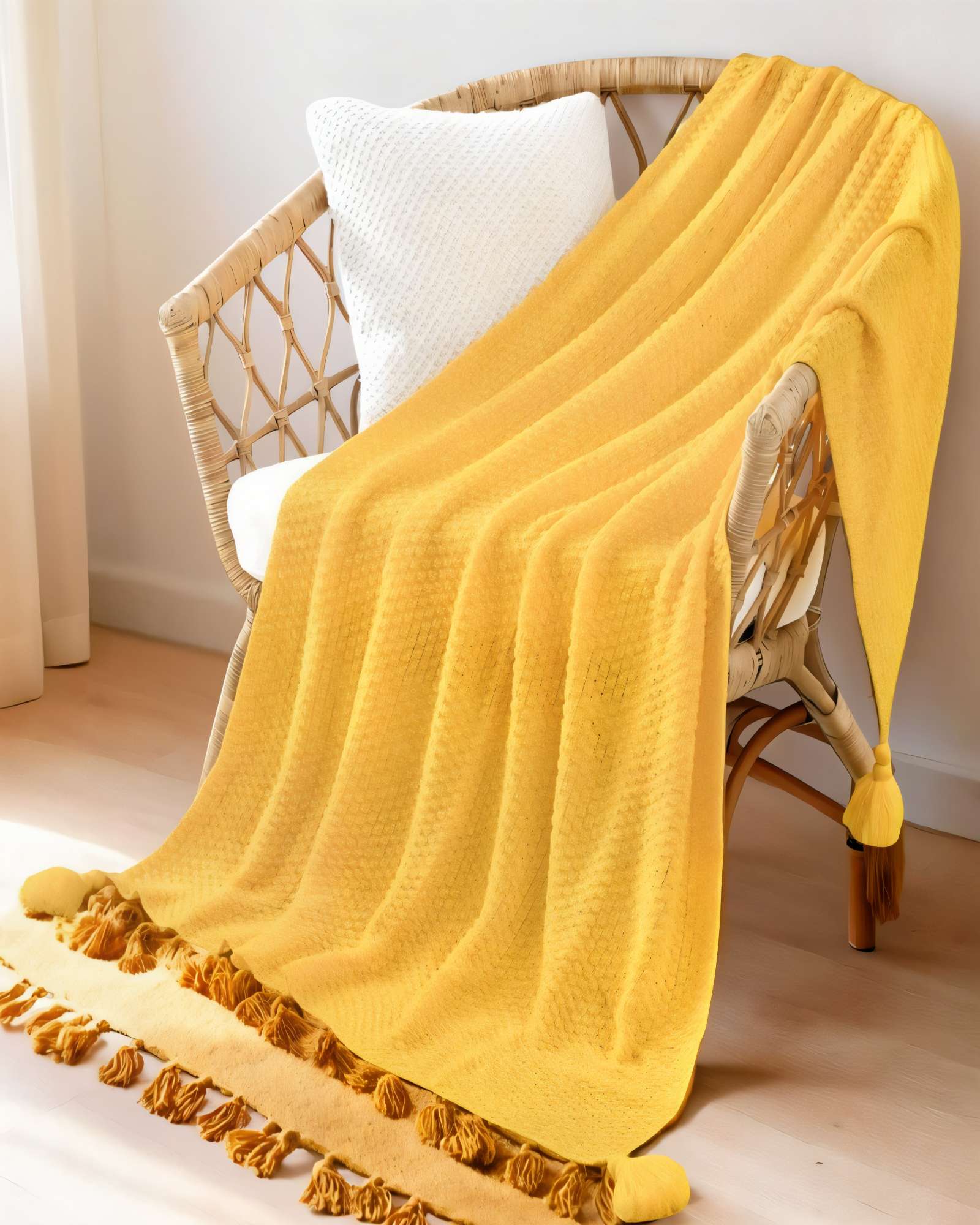 MANTA DECORATIVA DE SOFA CON FLECOS DE SOGA 130CMX180CM  COLOR AMARILLO - 3
