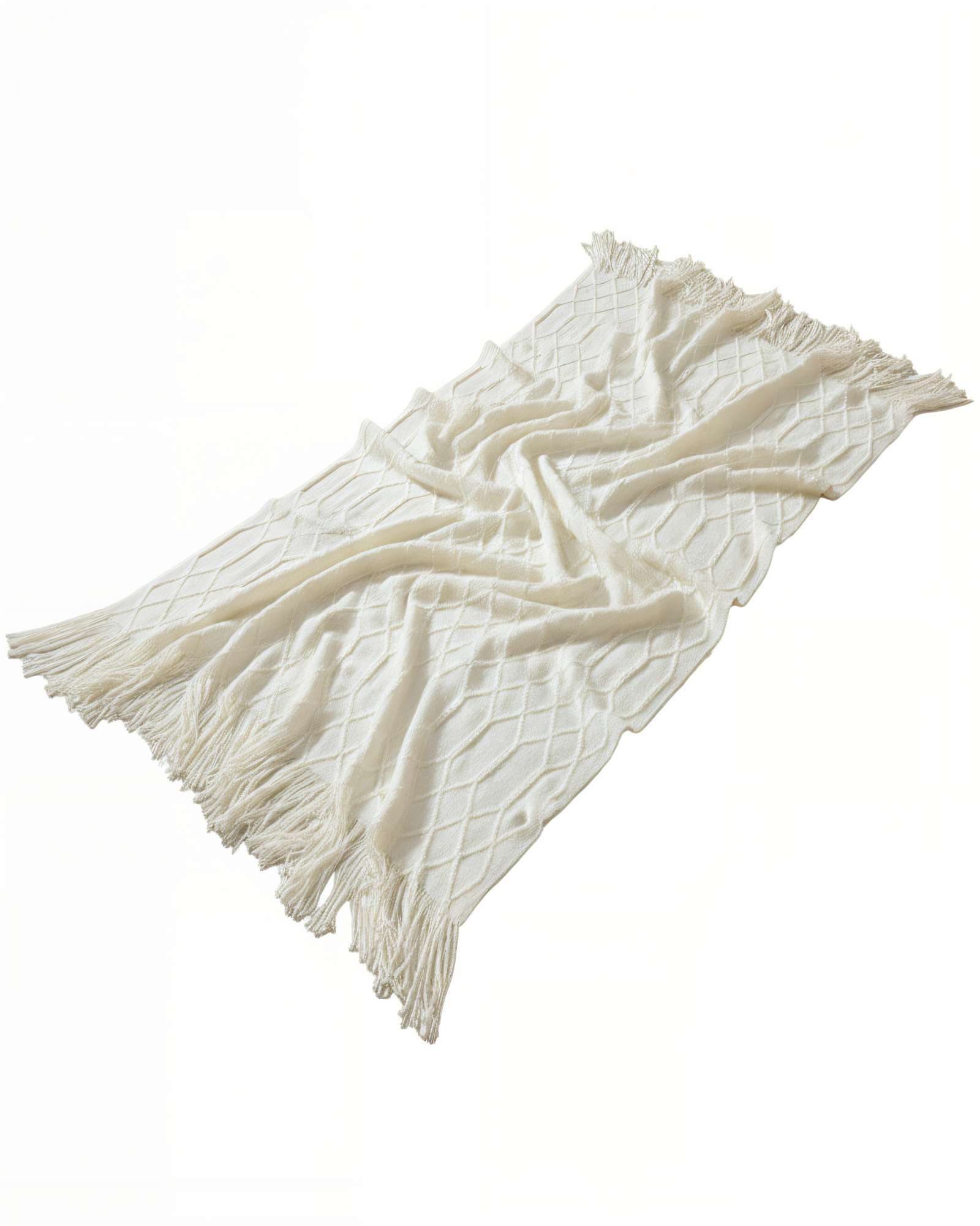 MANTA CON FLECOS Y TEJIDO DE ROMBOS EN RELIEVE COLOR BLANCO - 2
