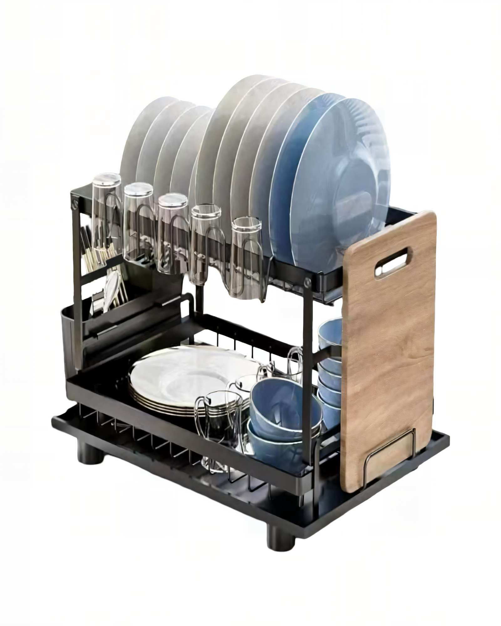 ESCURRIDOR CON SOPORTE PARA TABLAS Y CUBIERTOS DE ACERO INOXIDABLE 2 NIVELES COLOR NEGRO - 1