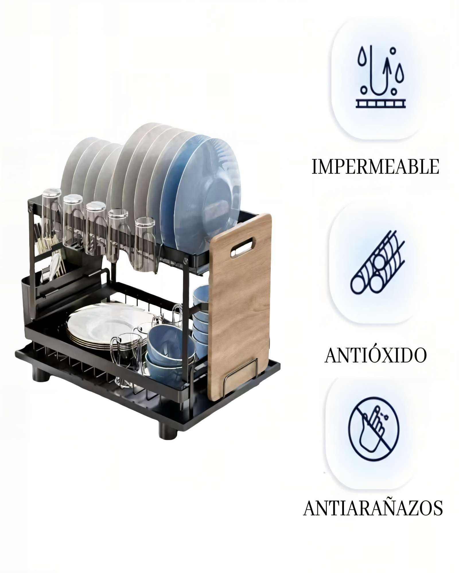 ESCURRIDOR CON SOPORTE PARA TABLAS Y CUBIERTOS DE ACERO INOXIDABLE 2 NIVELES COLOR NEGRO - 2