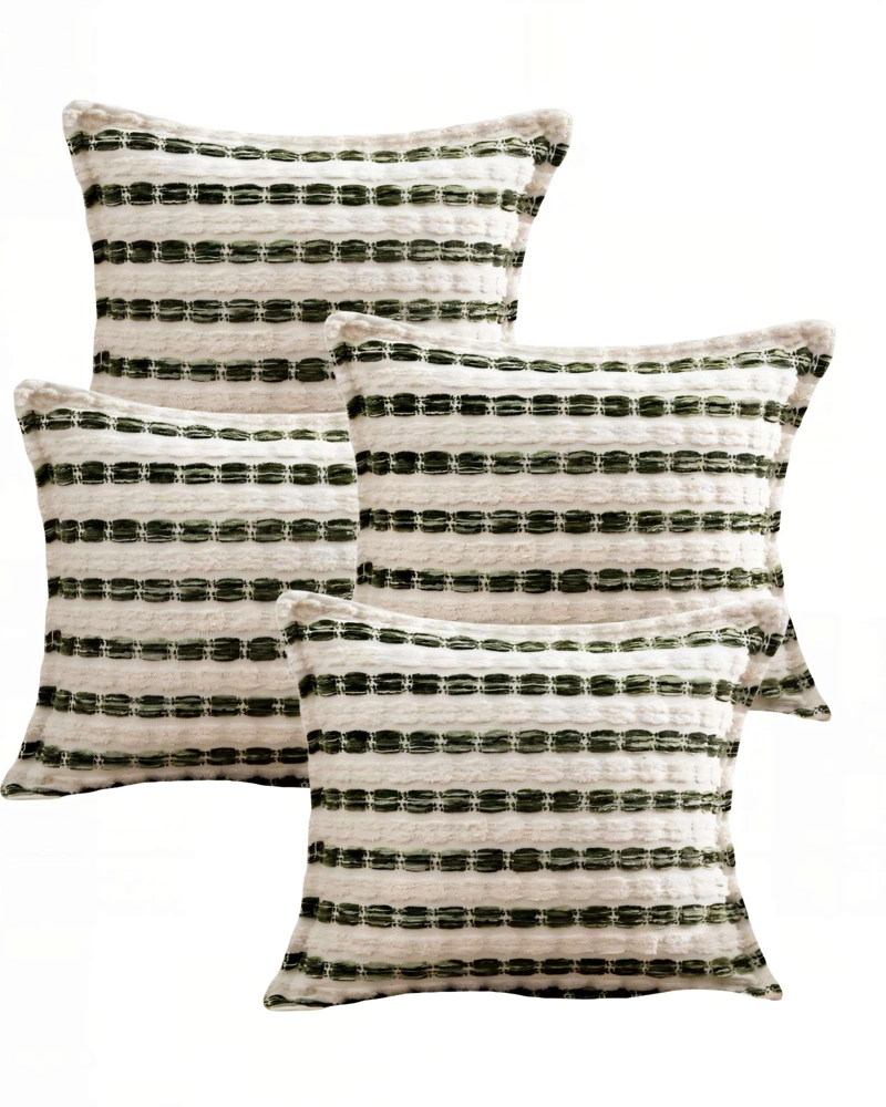 JUEGO DE 4 FUNDAS DE COJIN 45CMX45CM A RAYAS BEIGE CON VERDE - 1
