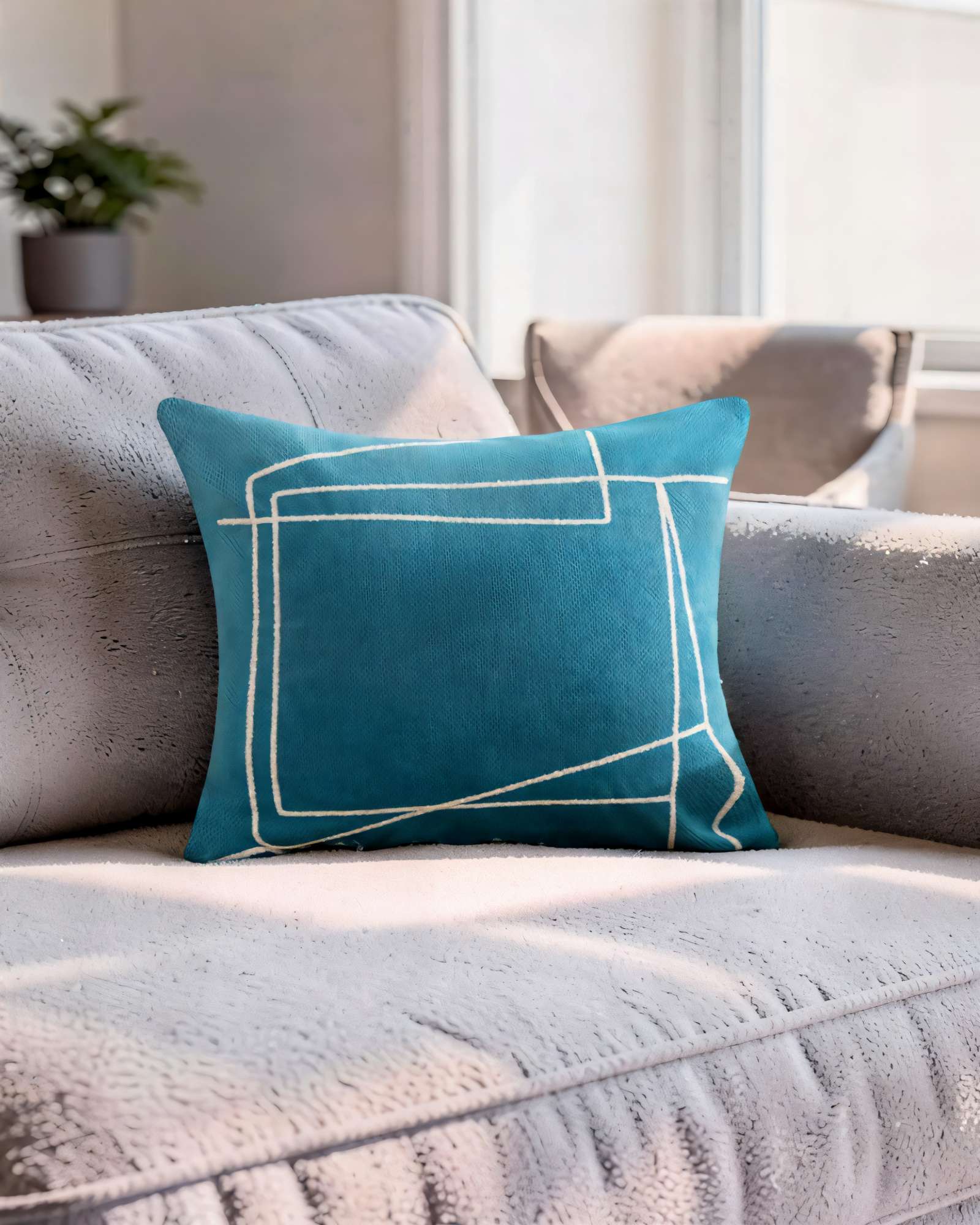 JUEGO DE 4 FUNDAS DE COJIN 45CMX45CM BORDADO DE LINEA COLOR AZUL - 3