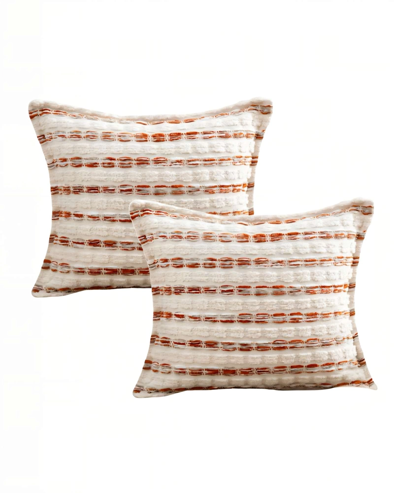 JUEGO DE 2 FUNDAS DE COJIN 45CMX45CM A RAYAS BEIGE CON BURDEO - 1