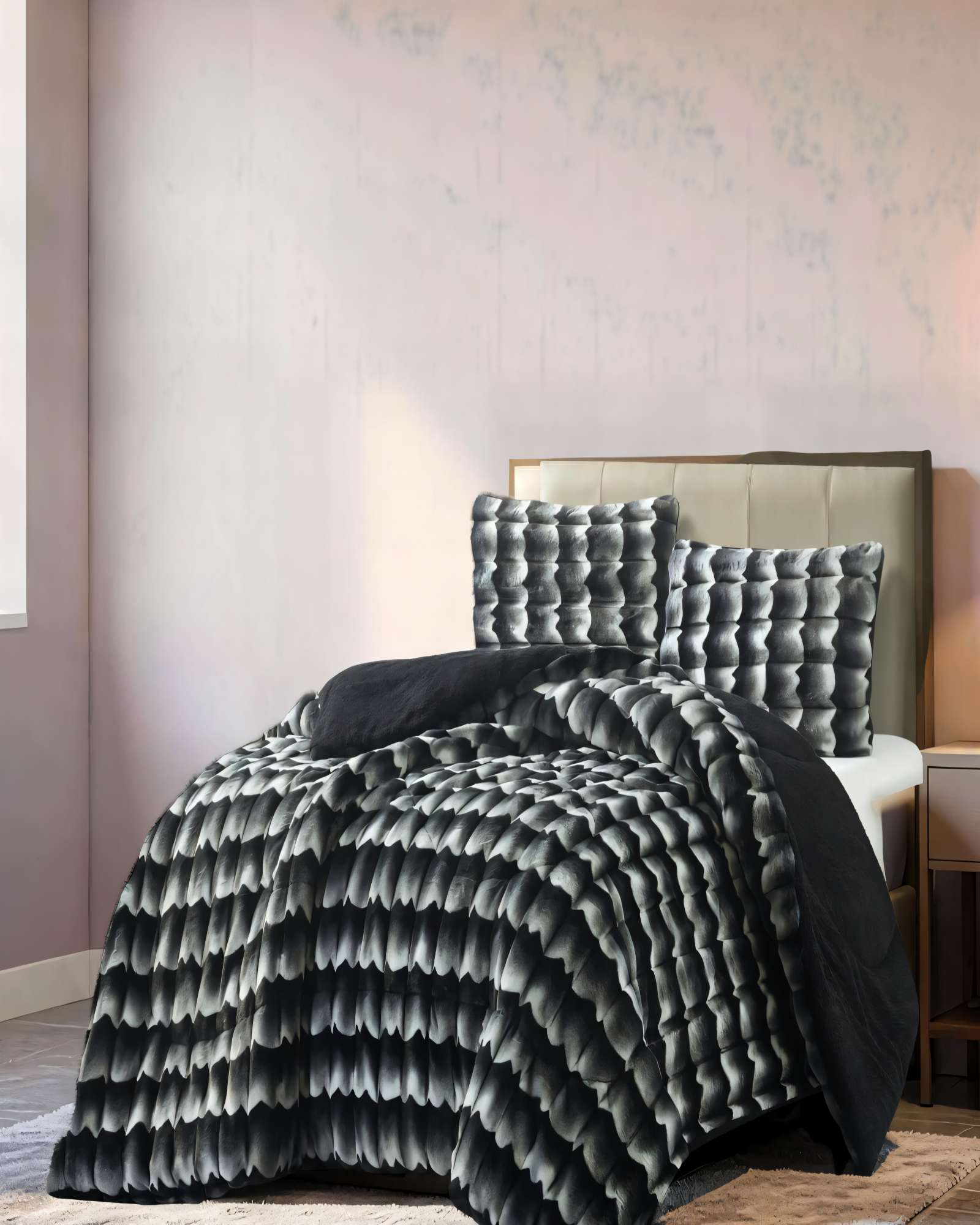 COBERTOR IMITACION DE PIEL DE CONEJO CON DISEÑO 2P 230CMX250CM COLOR NEGRO - 3