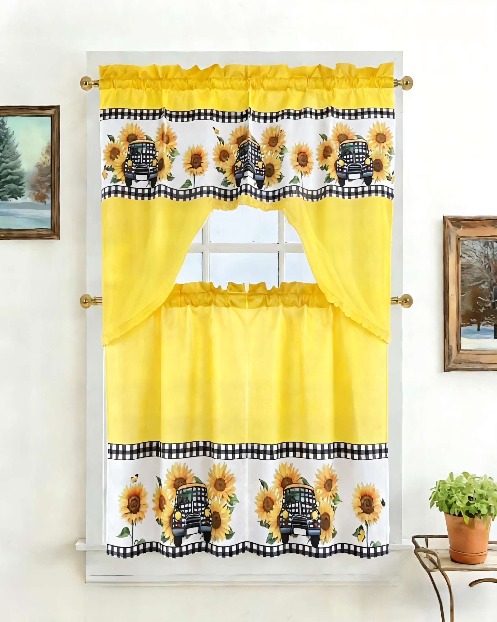 JUEGO DE CORTINA 3 PIEZAS PARA COCINA CON DISEÑO COLOR AMARILLO - 3