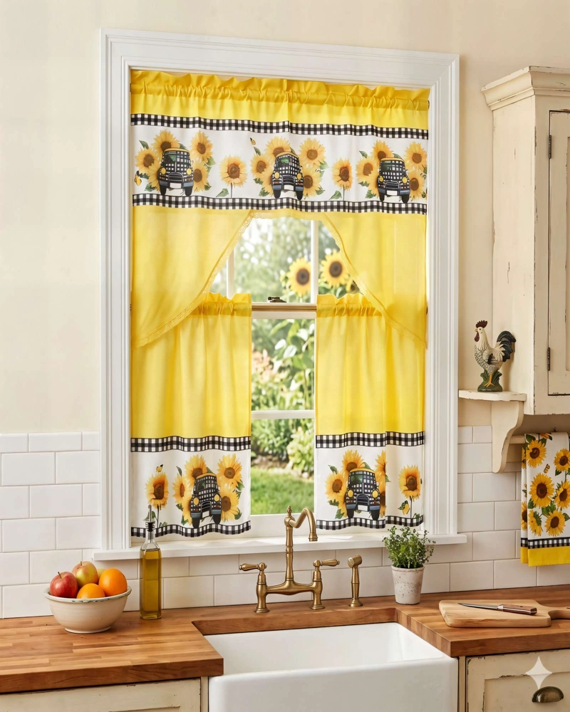 JUEGO DE CORTINA 3 PIEZAS PARA COCINA CON DISEÑO COLOR AMARILLO - 4