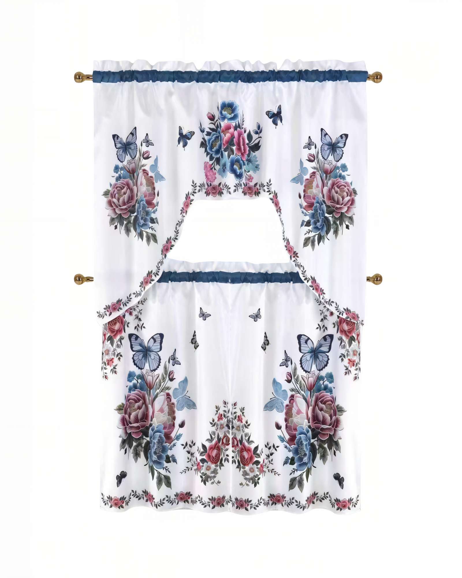 JUEGO DE CORTINA 3 PIEZAS PARA COCINA CON DISEÑO COLOR BLANCO CON DETALLES EN AZUL - 1