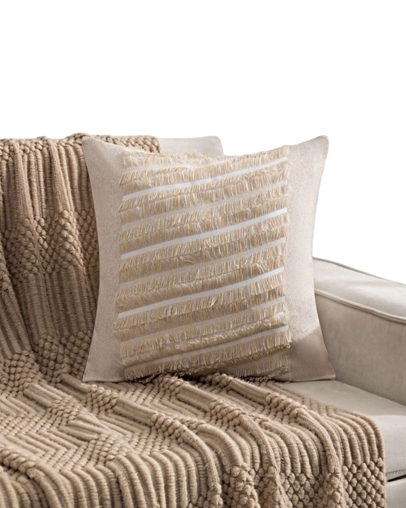 KIT DE 2 FUNDAS DE COJIN CHENILLE CON FLECOS BEIGE - 2