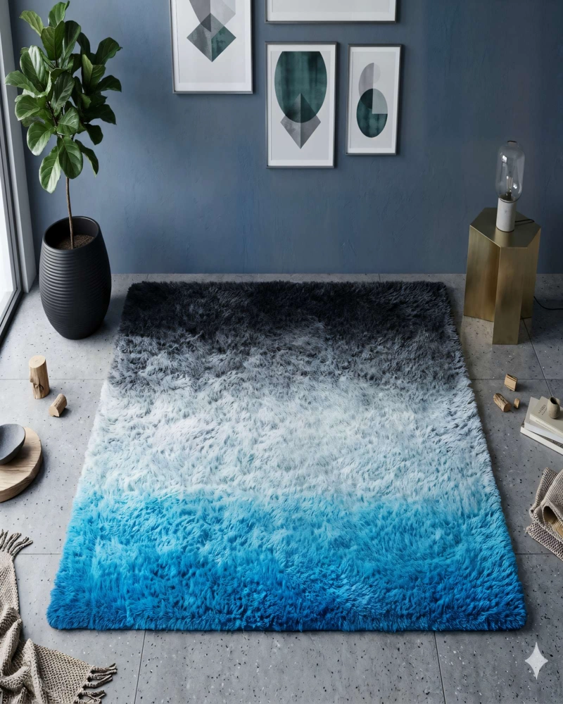 ALFOMBRA TEXTURA PELUDA  200X240   COLOR NEGRO CON AZUL Y BLANCO - 4