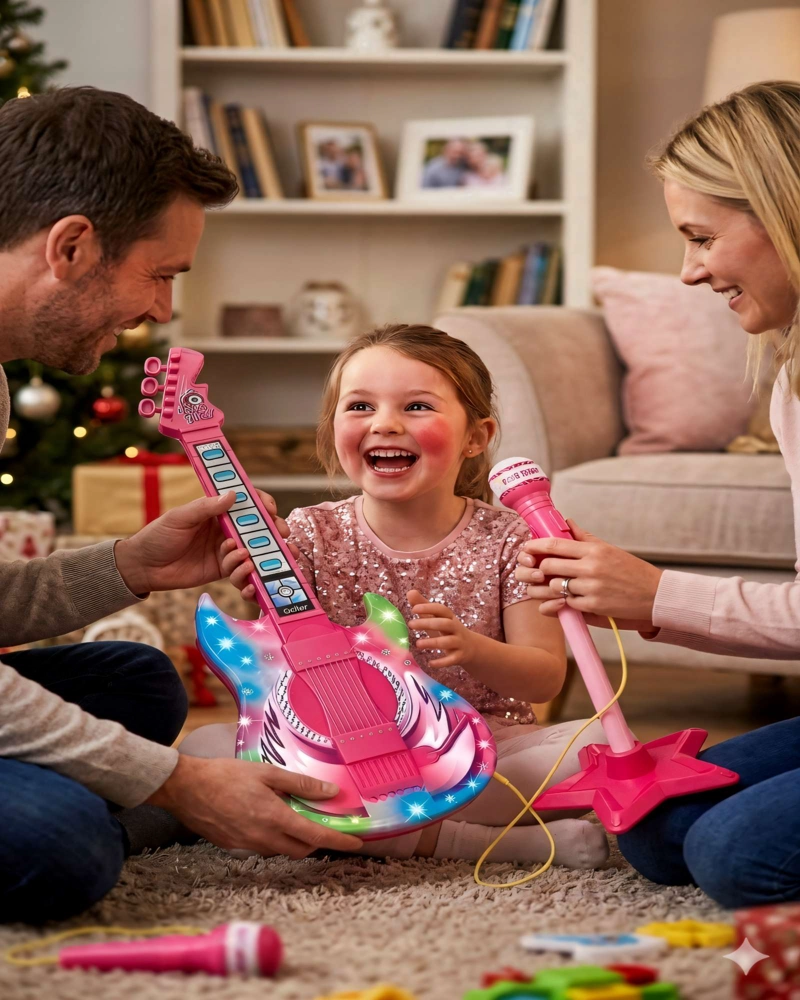 PACK DE JUGUETE GUITARRA, MICROFONO Y SOPORTE CON LUCES LED COLOR ROSADO - 4