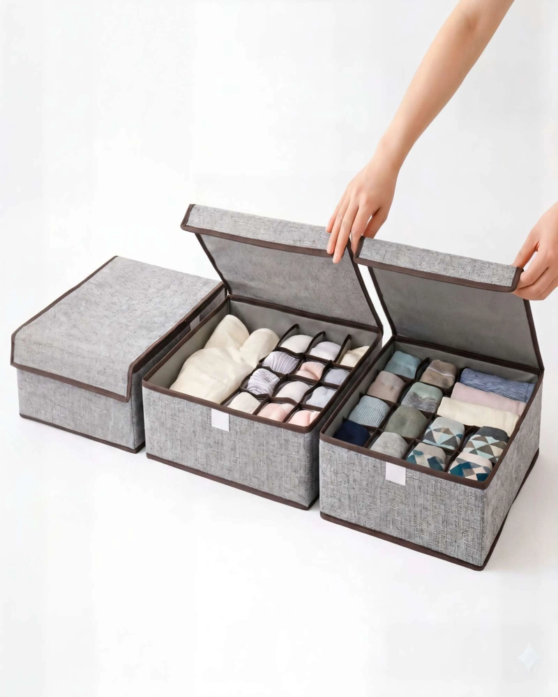 PACK   DE 3 CANASTILLOS ORGANIZADOR 32CMX26CM COLOR GRIS - 1