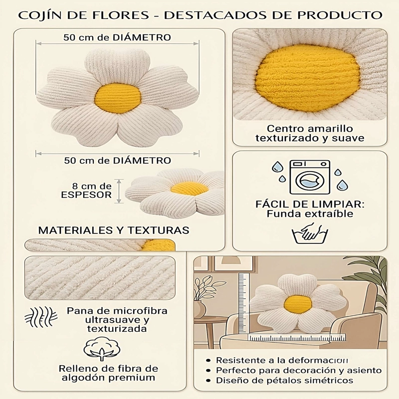JUEGO DE 4 COJINES EN FORMA DE FLOR BLANCO - 3