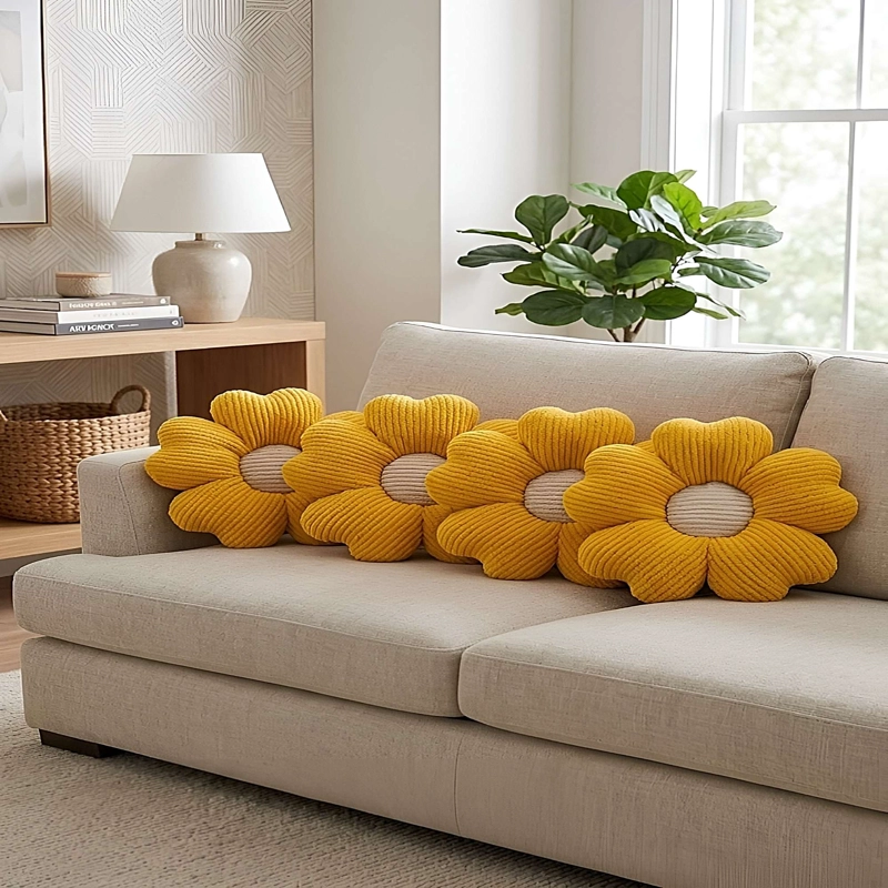 JUEGO DE 4 COJINES EN FORMA DE FLOR AMARILLO - 1