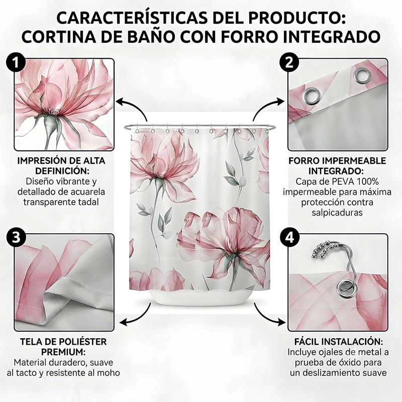 CORTINA DE BAÑO PREMIUM 180X180 CM CON FORRO BLANCO  CB03 - 4