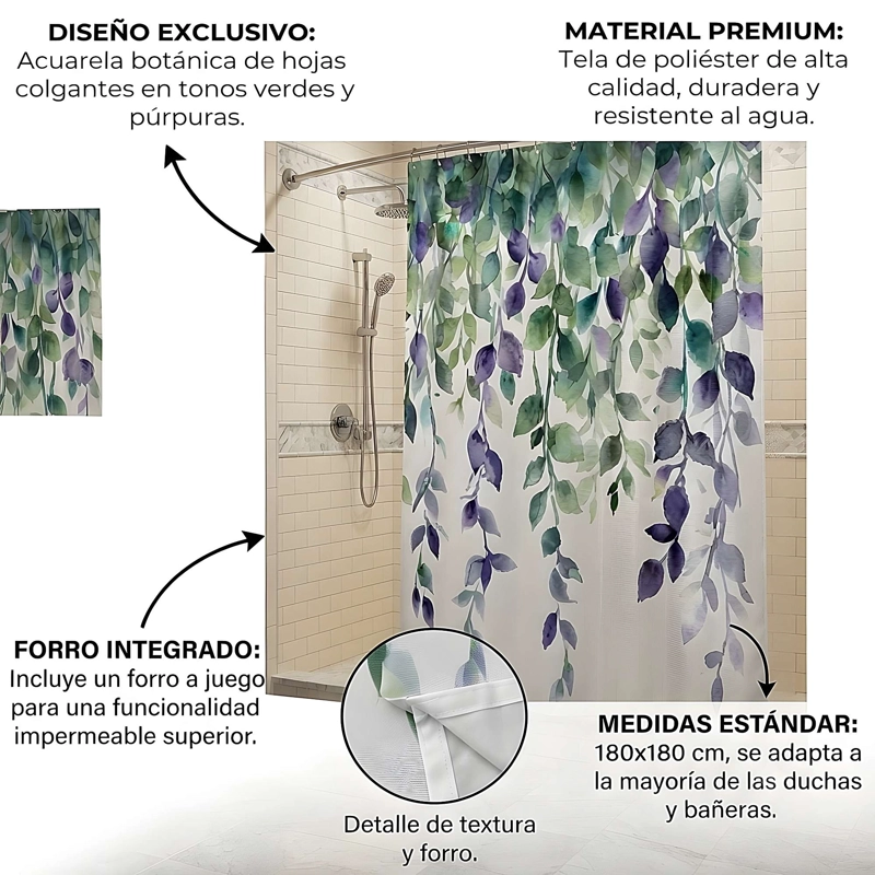 CORTINA DE BAÑO PREMIUM 180X180 CM CON FORRO BLANCO  CB14 - 4