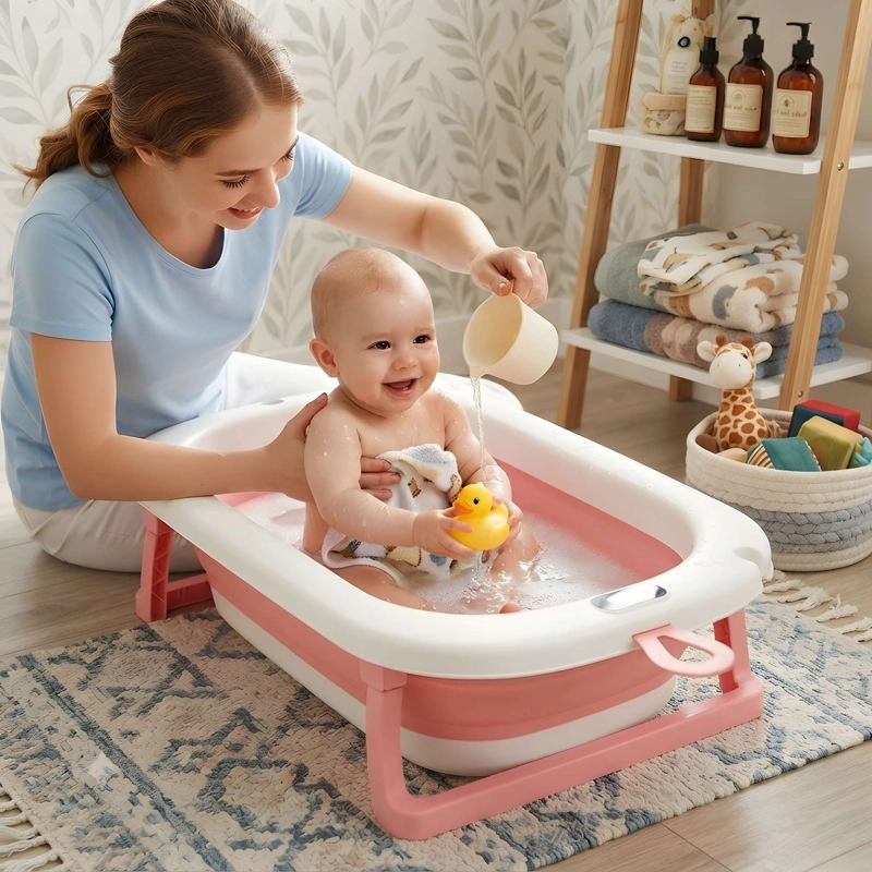 BAÑERA PLEGABLE DE BEBE CON TERMOMETRO COLOR ROSADO - 1
