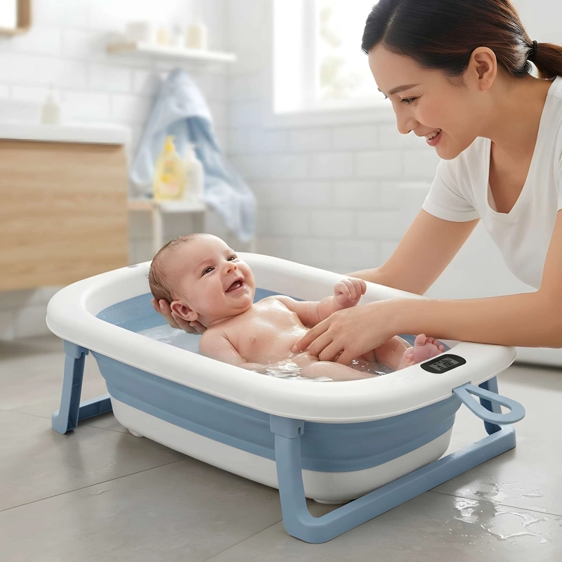 BAÑERA PLEGABLE DE BEBE CON TERMOMETRO COLOR AZUL - 1
