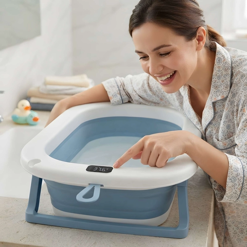 BAÑERA PLEGABLE DE BEBE CON TERMOMETRO COLOR AZUL - 2