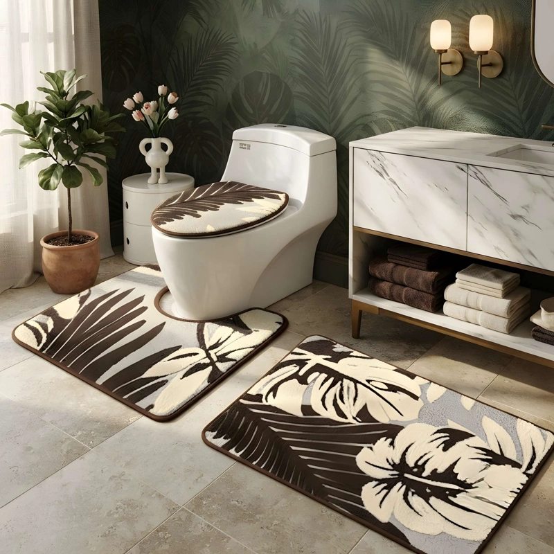 SET PARA BAÑO DE 3 PIEZAS CON DISEÑO FLOR COLOR MARRON - 1