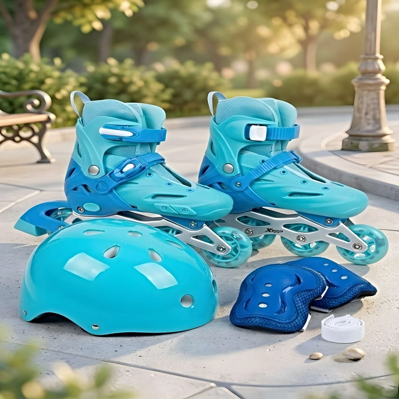 EQUIPO COMPLETO DE PATINAJE CON ACCESORIOS DE PROTECCION TALLA M (35-38) CELESTE - 1