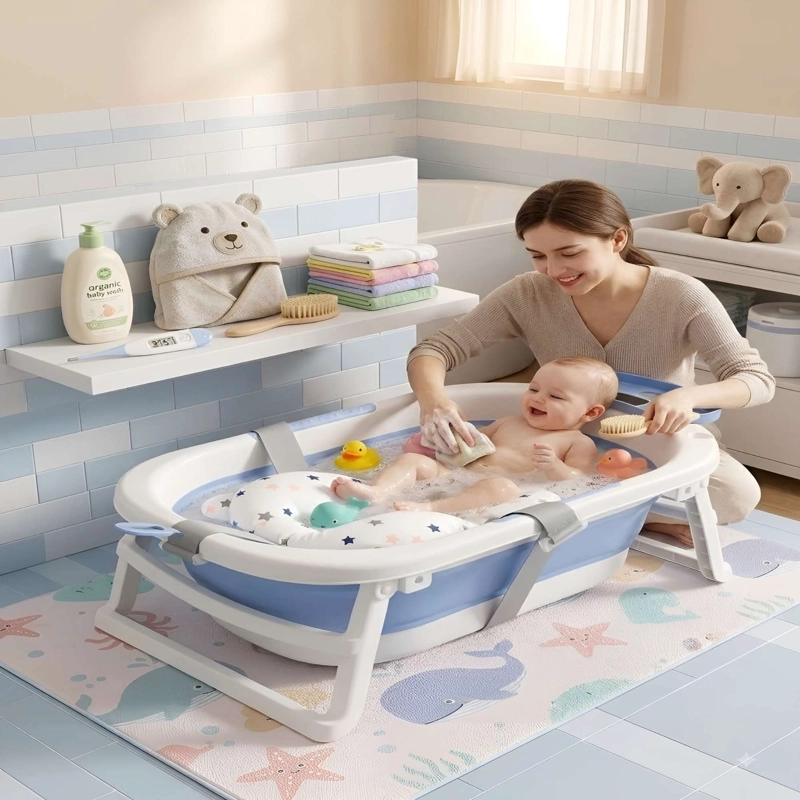 BAÑERA CON TERMOMETRO Y COJIN ERGONOMICO CON DISEÑO DE ESTRELLAS COLOR AZUL - 1