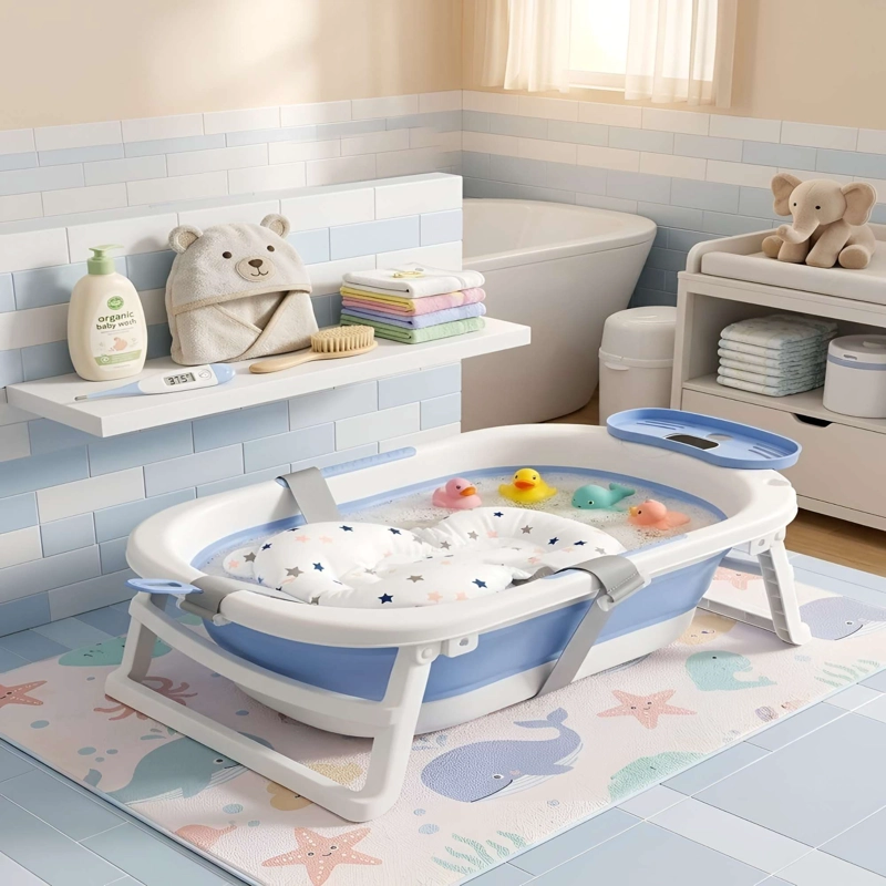 BAÑERA CON TERMOMETRO Y COJIN ERGONOMICO CON DISEÑO DE ESTRELLAS COLOR AZUL - 3