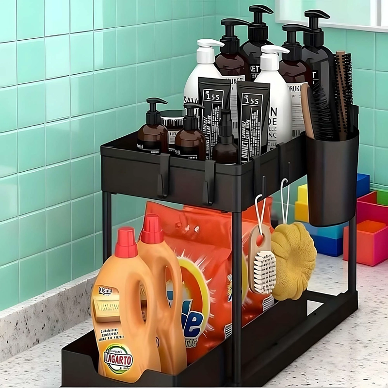 ESTANTE ORGANIZADOR DESLIZANTE DE DOBLE NIVEL PARA BAÑO, COCINA U OFICINA - 1