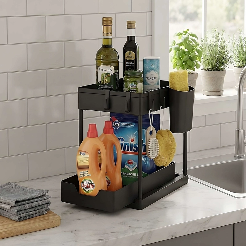 ESTANTE ORGANIZADOR DESLIZANTE DE DOBLE NIVEL PARA BAÑO, COCINA U OFICINA - 4