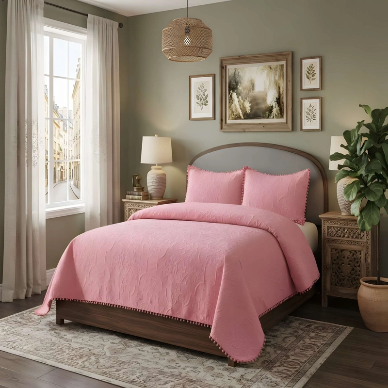 CUBRECAMA VERSATIL CON POMPONES KING COLOR ROSADO - 3