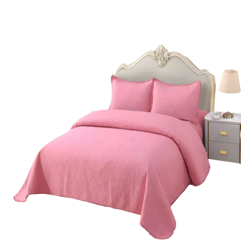 CUBRECAMA VERSATIL CON POMPONES KING COLOR ROSADO - 4