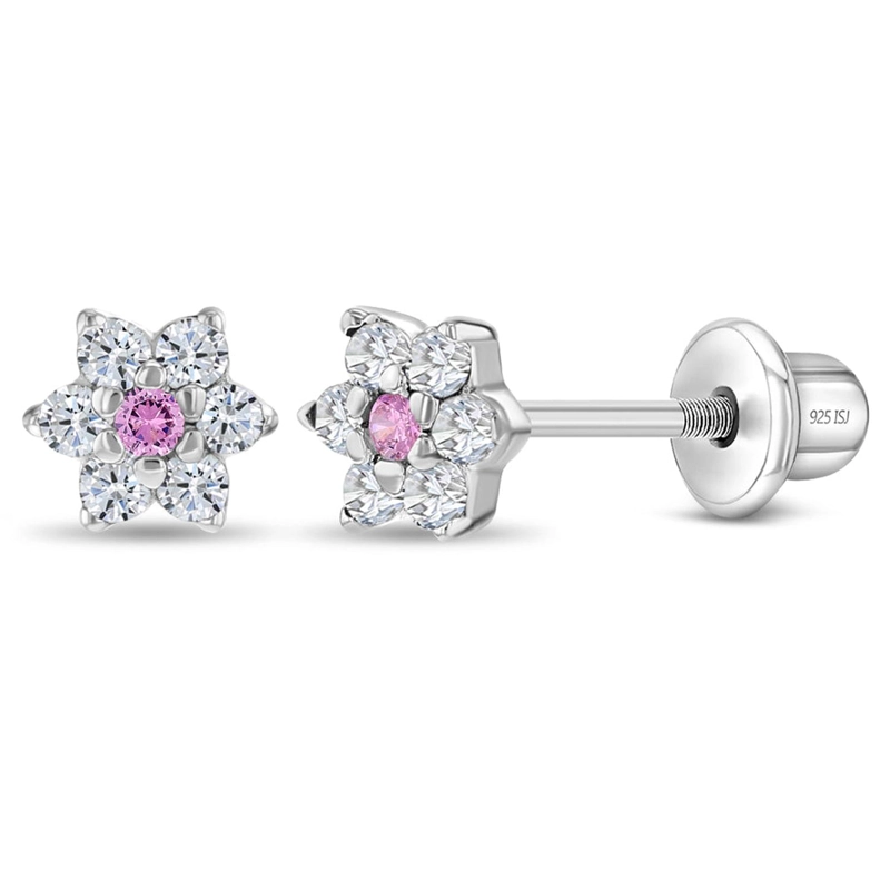 AROS DE PLATA 925 EN FORMA DE FLOR CON CIRCONES ROSADOS Y TRANSPARENTES DIAMANTADOS - 1