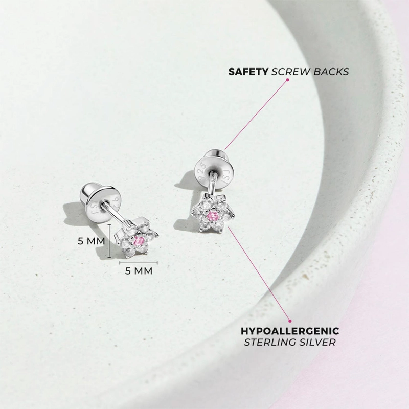 AROS DE PLATA 925 EN FORMA DE FLOR CON CIRCONES ROSADOS Y TRANSPARENTES DIAMANTADOS - 3