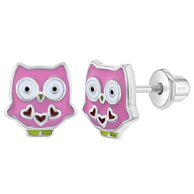 AROS CON FORMA DE BUHO DE PLATA 925 Y ESMALTADO ROSA PARA NIÑAS - 1